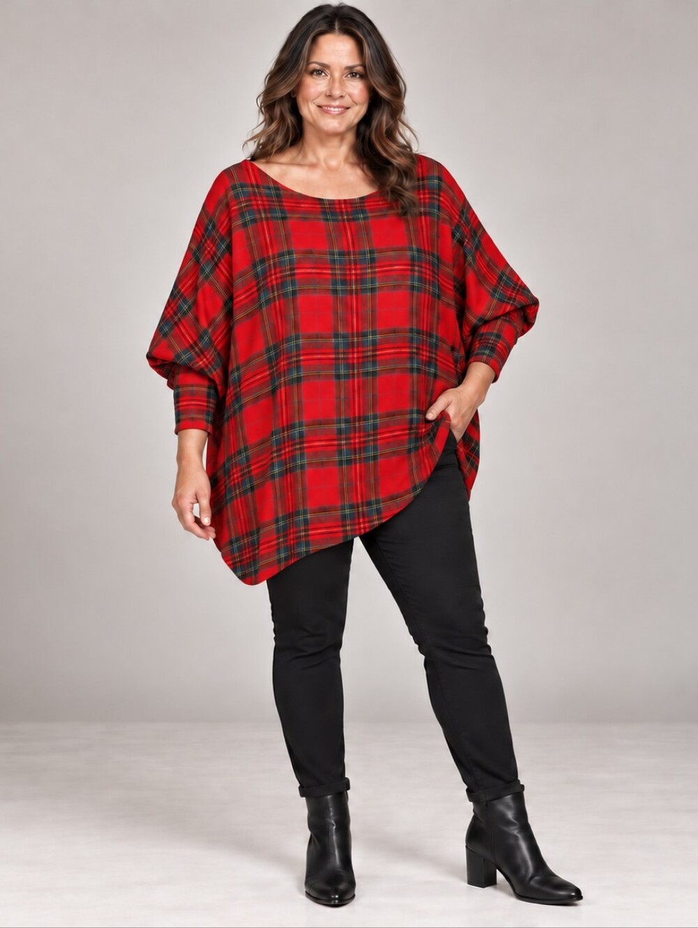 Heimish USA Red Tartan Plaid Oversized Dolman Tunic Top A385